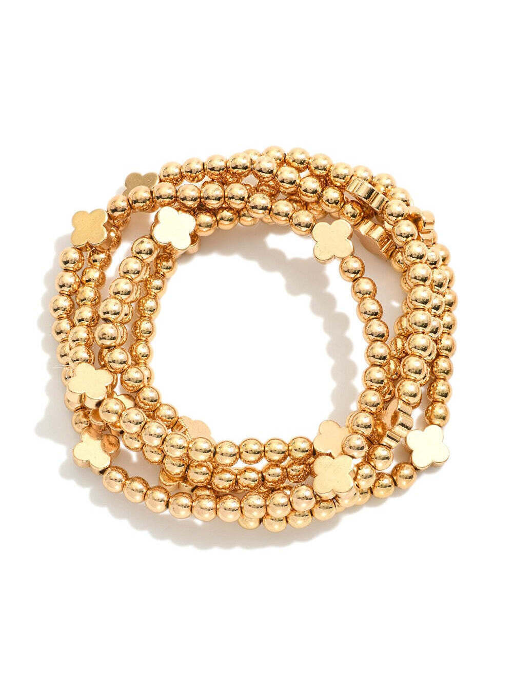 Gold Beaded Stretch Bracelet Set Stack of 5 Clover Charm Layering Bracelets
